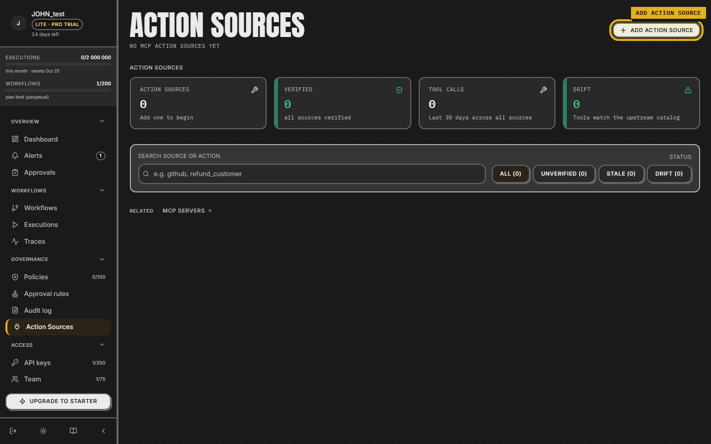 Action sources page — header count, four-tile metric strip, search box, and status chips; Add action source button in the top right.