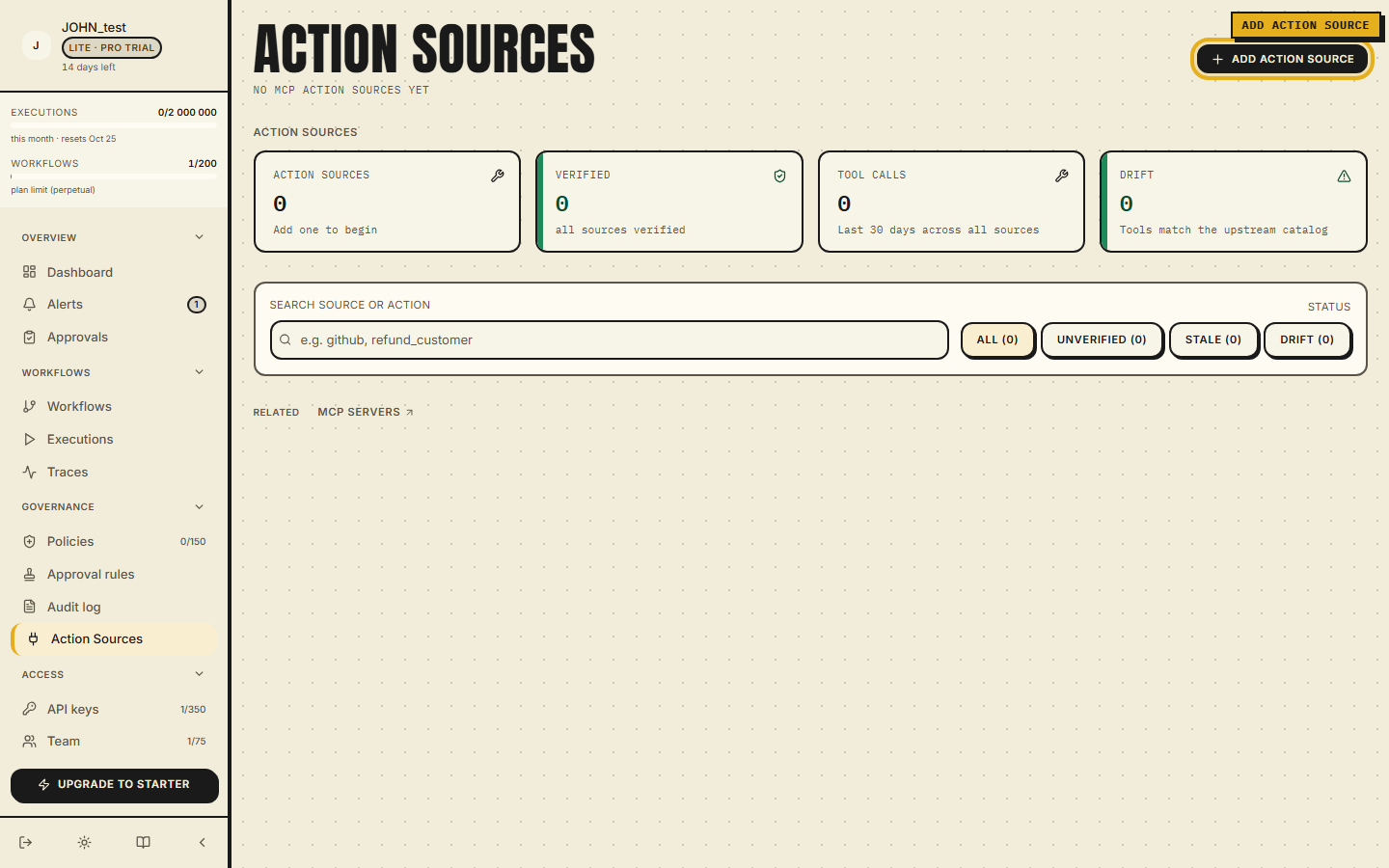 Action sources page — header count, four-tile metric strip, search box, and status chips; Add action source button in the top right.