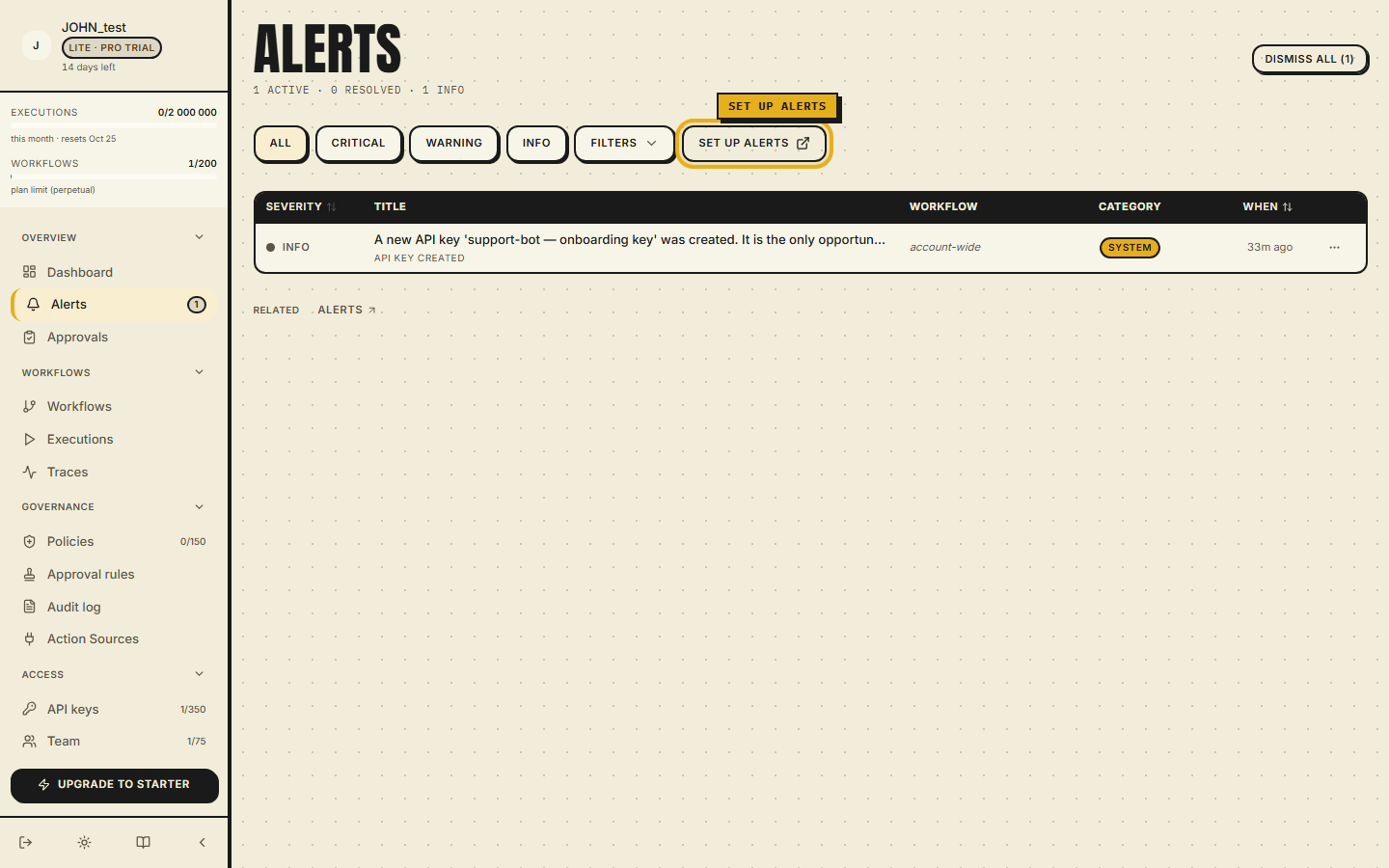 Alerts page — header with active / resolved / info counts, Dismiss all action, severity and category filters, Set up alerts entry point.