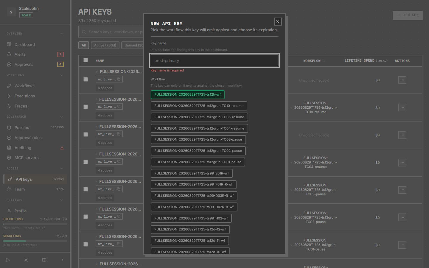 NullRun New API key dialog, with the workflow dropdown and key name field.