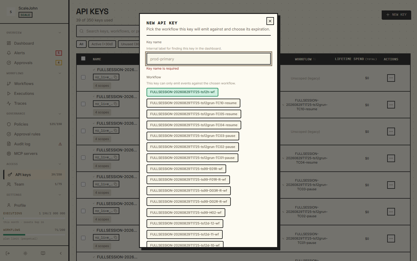 NullRun New API key dialog, with the workflow dropdown and key name field.
