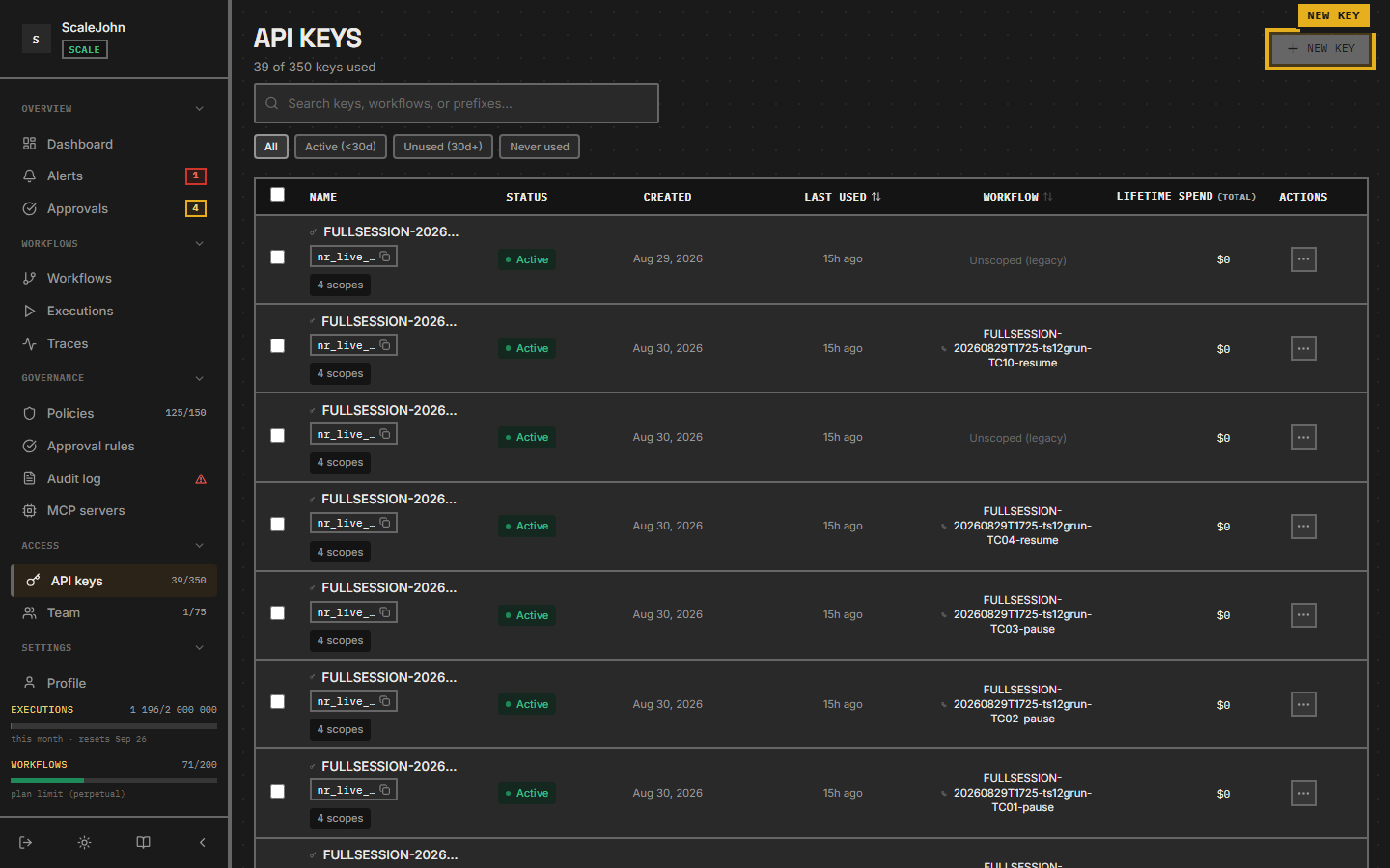 API keys page showing the New key button highlighted in the top right.