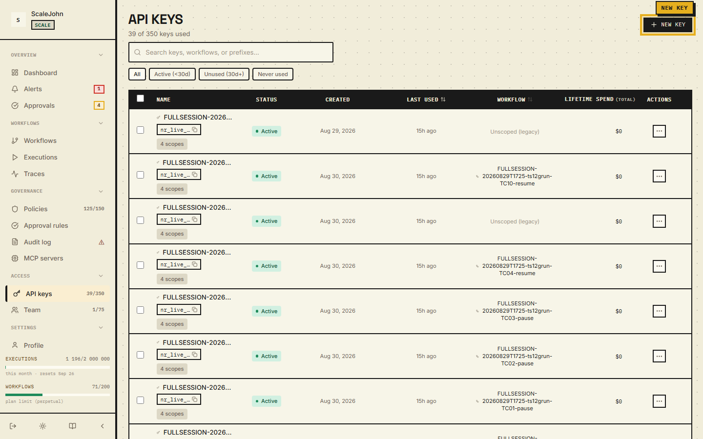 API keys page showing the New key button highlighted in the top right.