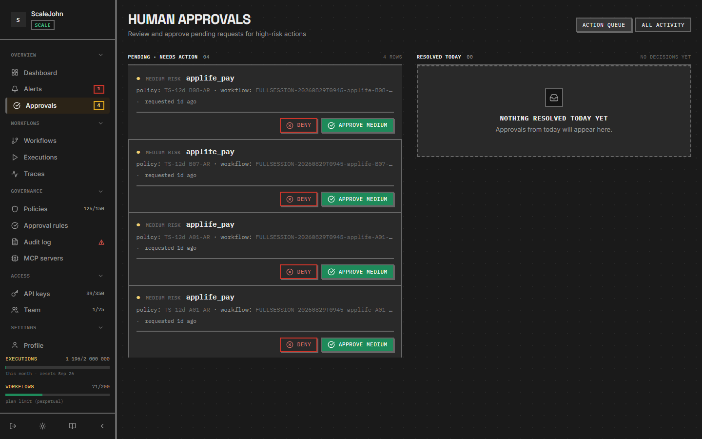 Approvals page listing every pending, approved, denied and expired request.