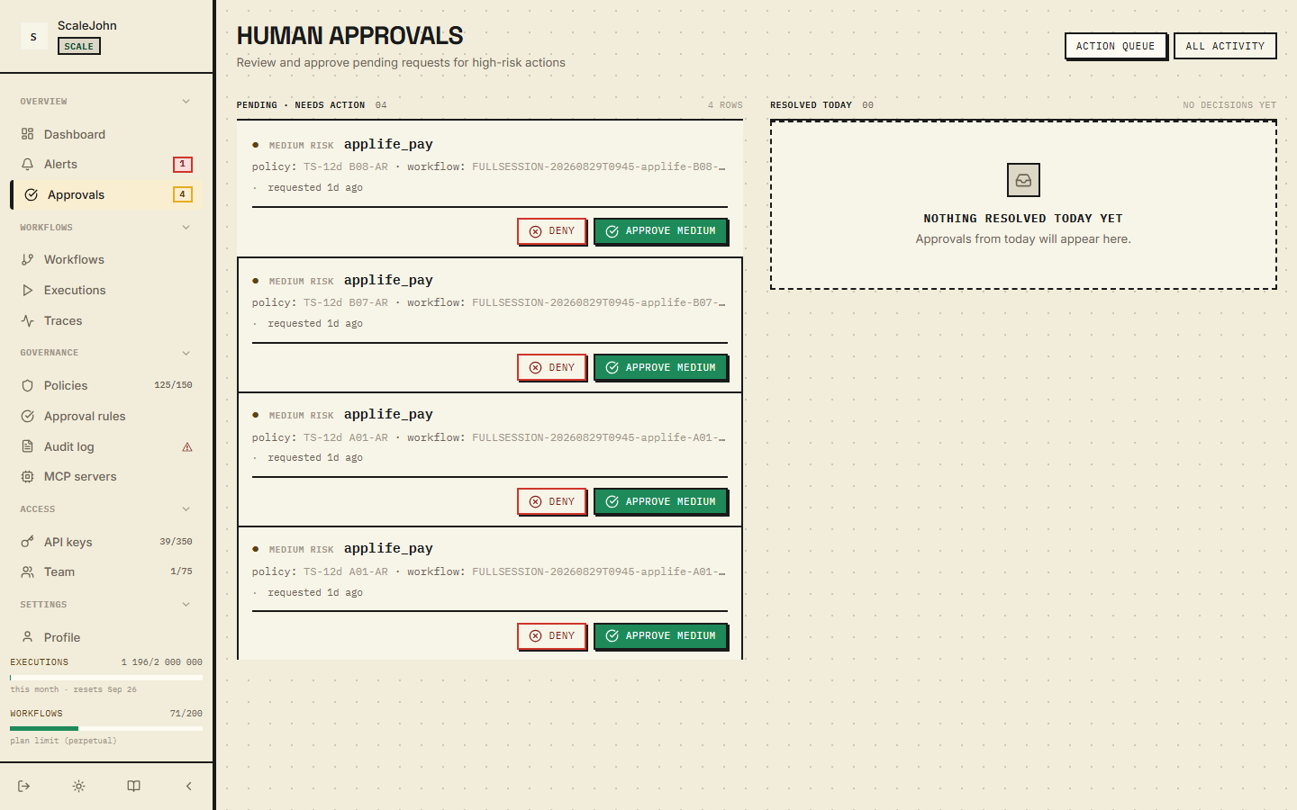 Approvals page listing every pending, approved, denied and expired request.