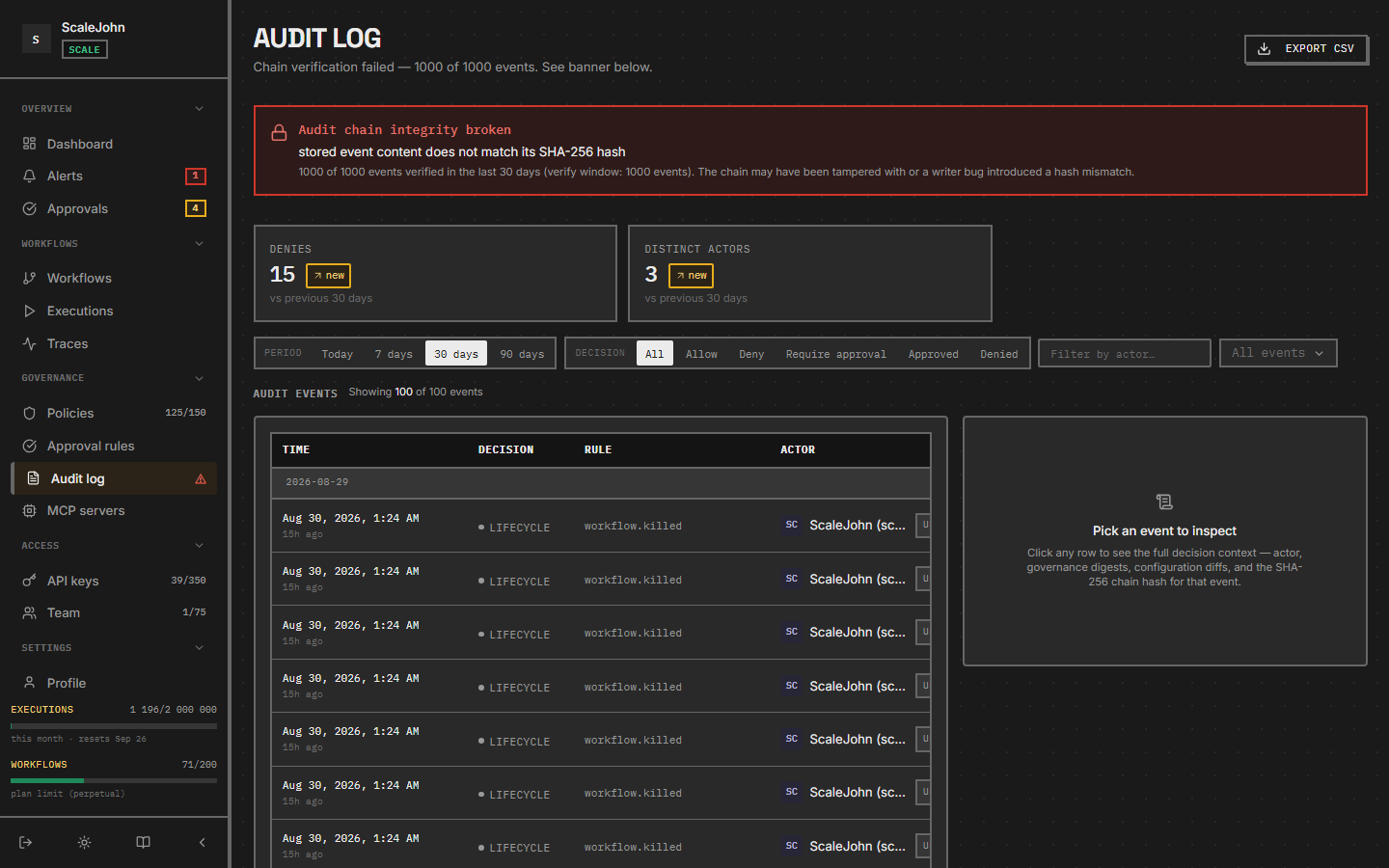 Audit log page — Allow / Deny / Require approval filter chips and the events table.