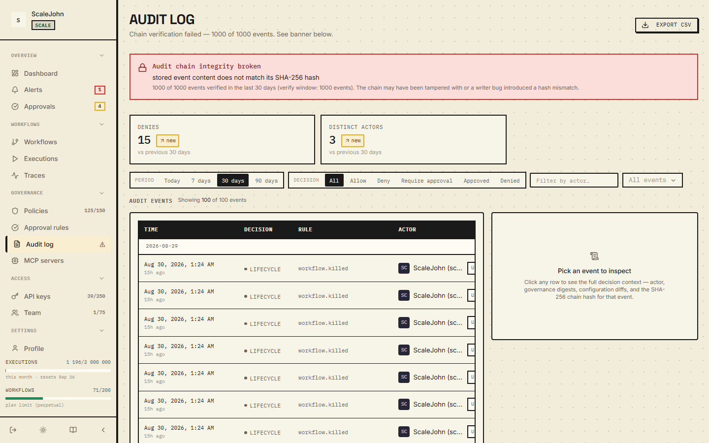 Audit log page — Allow / Deny / Require approval filter chips and the events table.