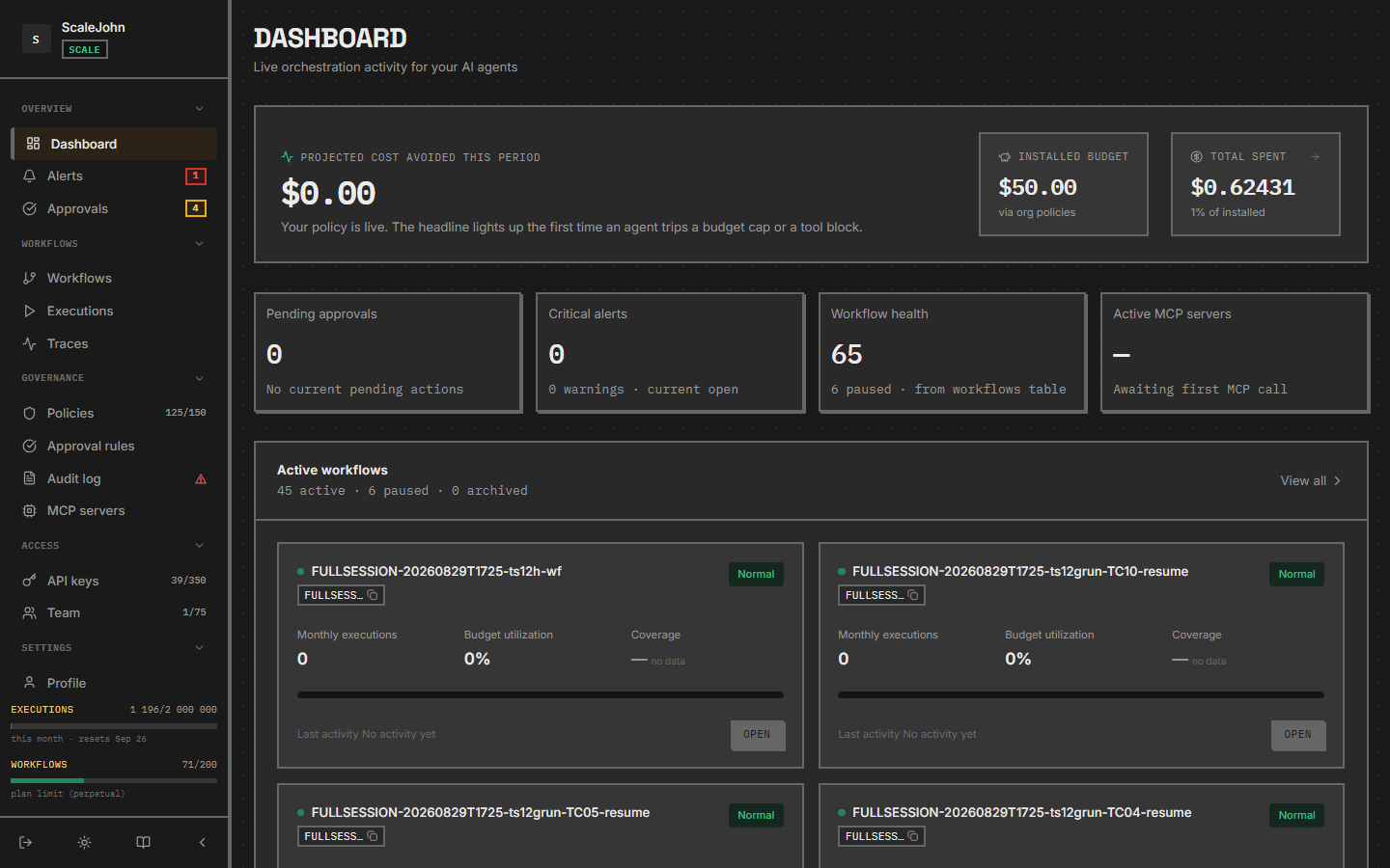 NullRun dashboard home showing the workflow control panel.