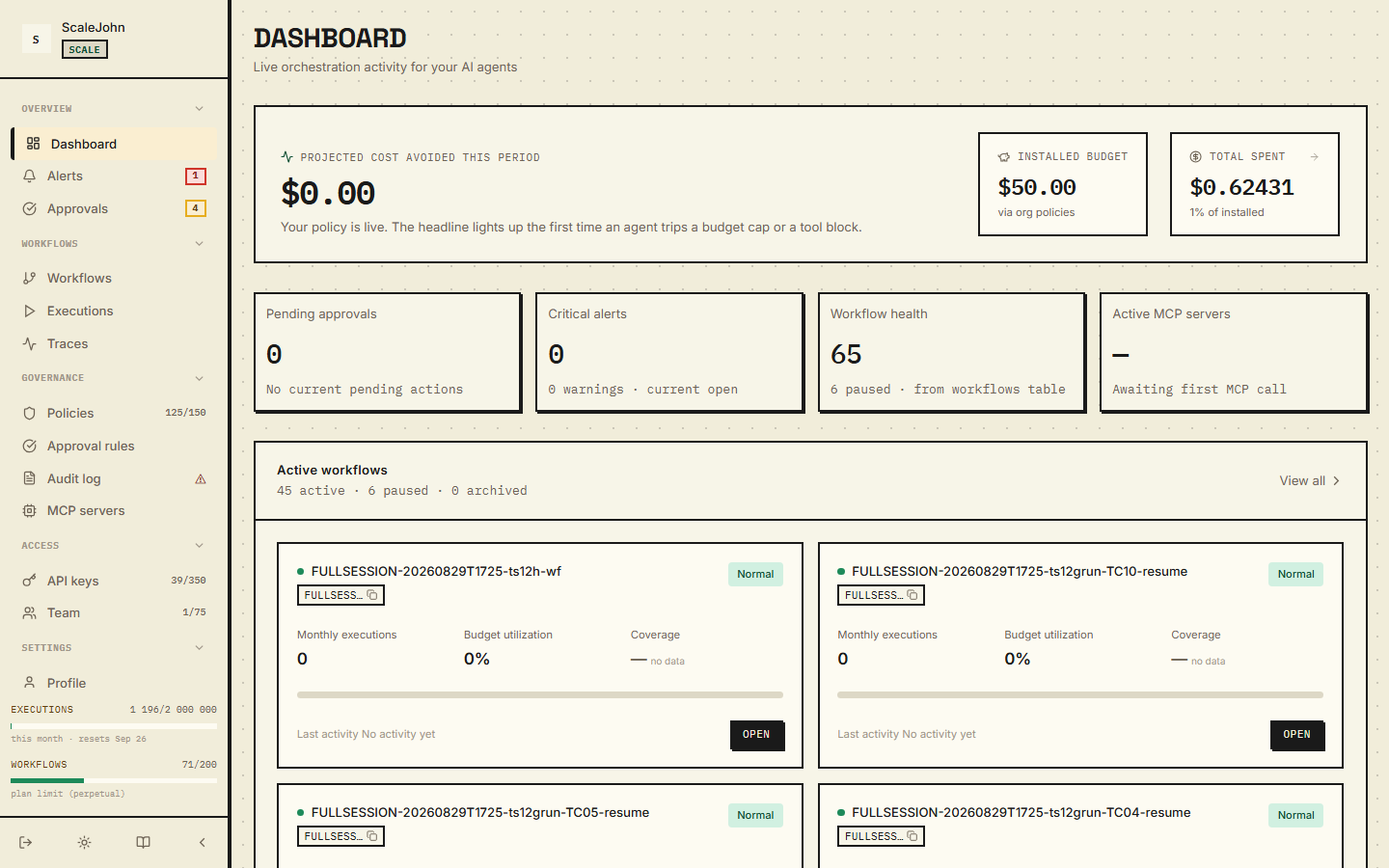 NullRun dashboard home showing the workflow control panel.