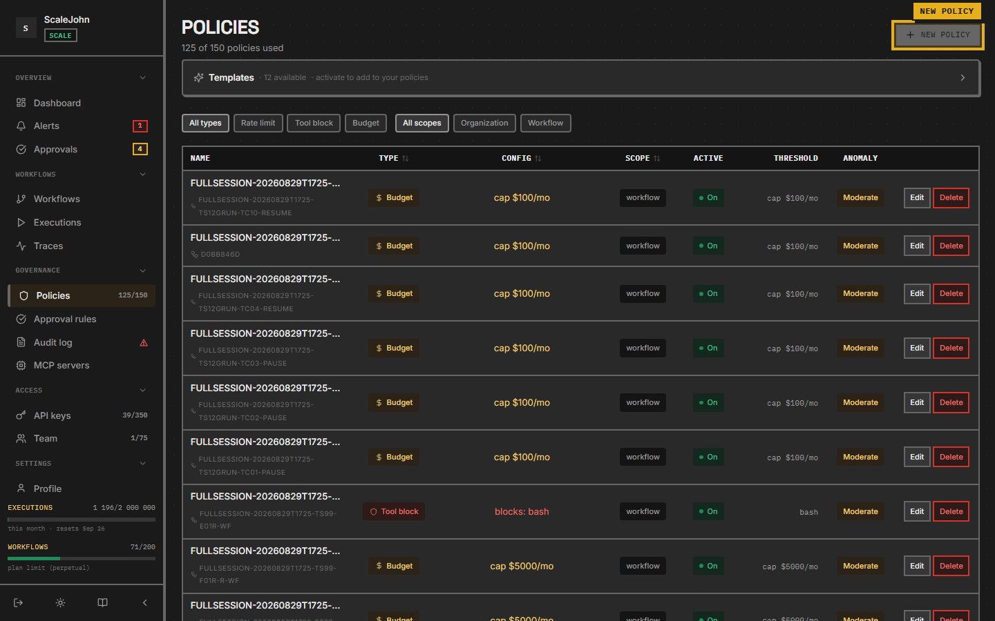 Policies list with the New policy button highlighted in the top right.