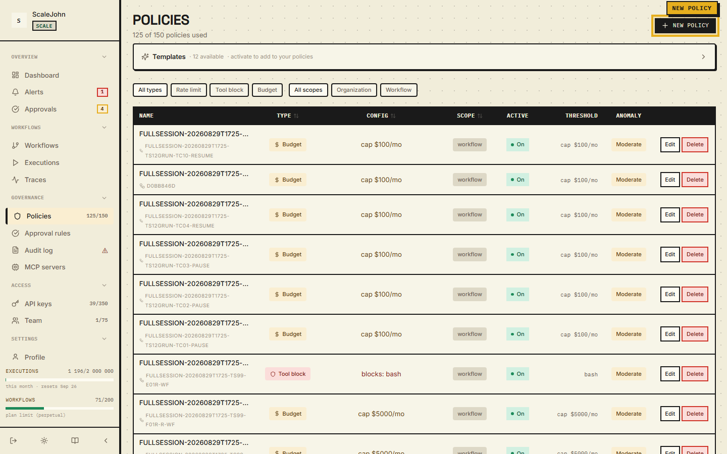 Policies list with the New policy button highlighted in the top right.