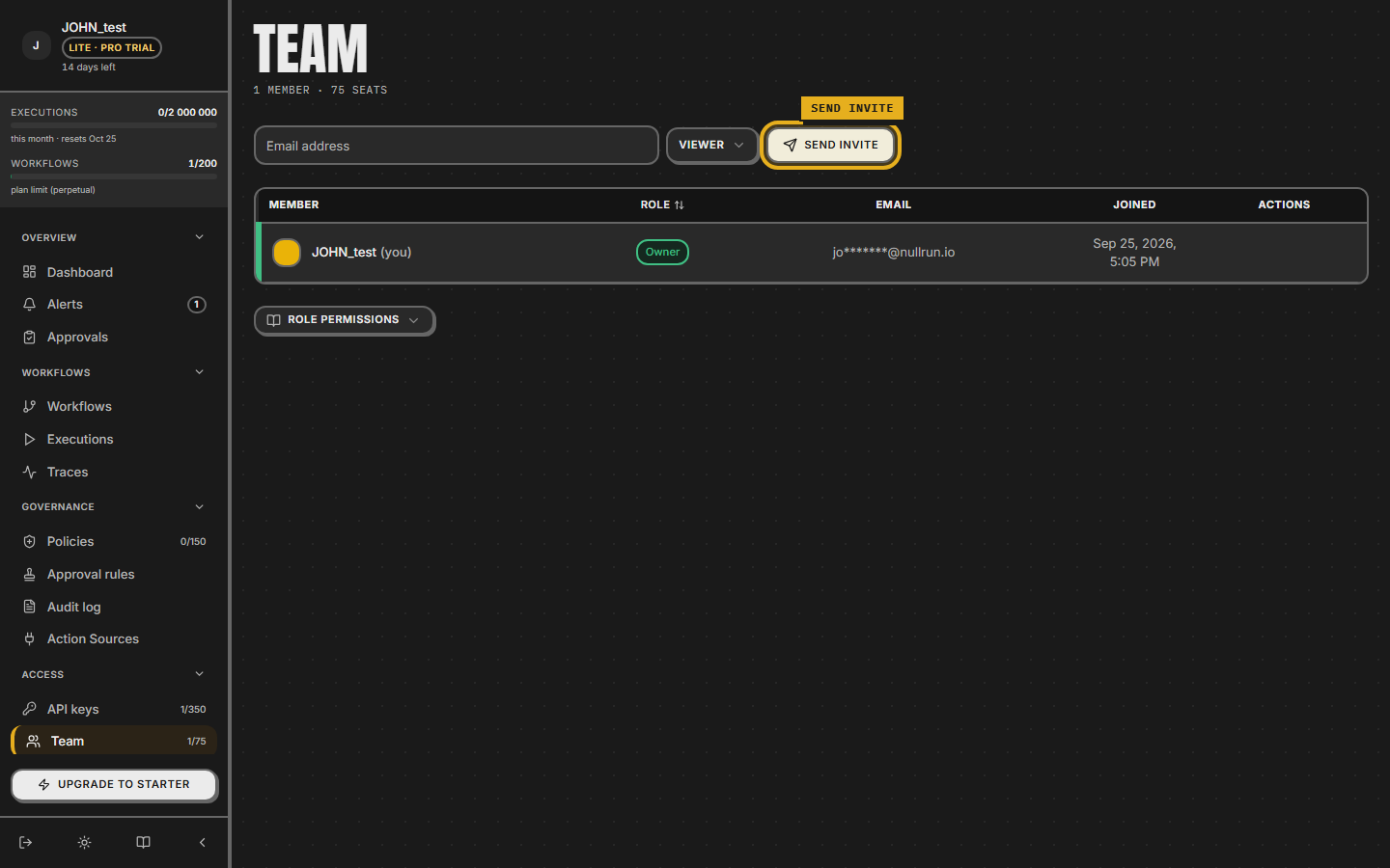 Team page — invite panel above the members table, with Email field, role selector, and Send invite button in the top right.