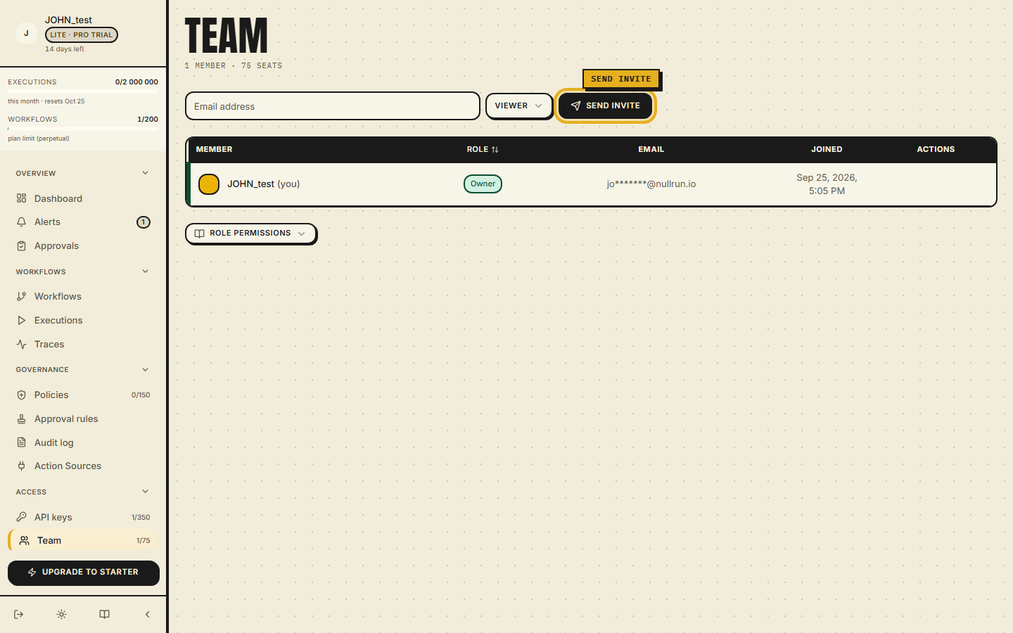 Team page — invite panel above the members table, with Email field, role selector, and Send invite button in the top right.