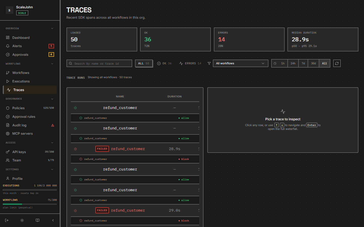 Traces page with the waterfall of LLM and tool calls for a single execution.
