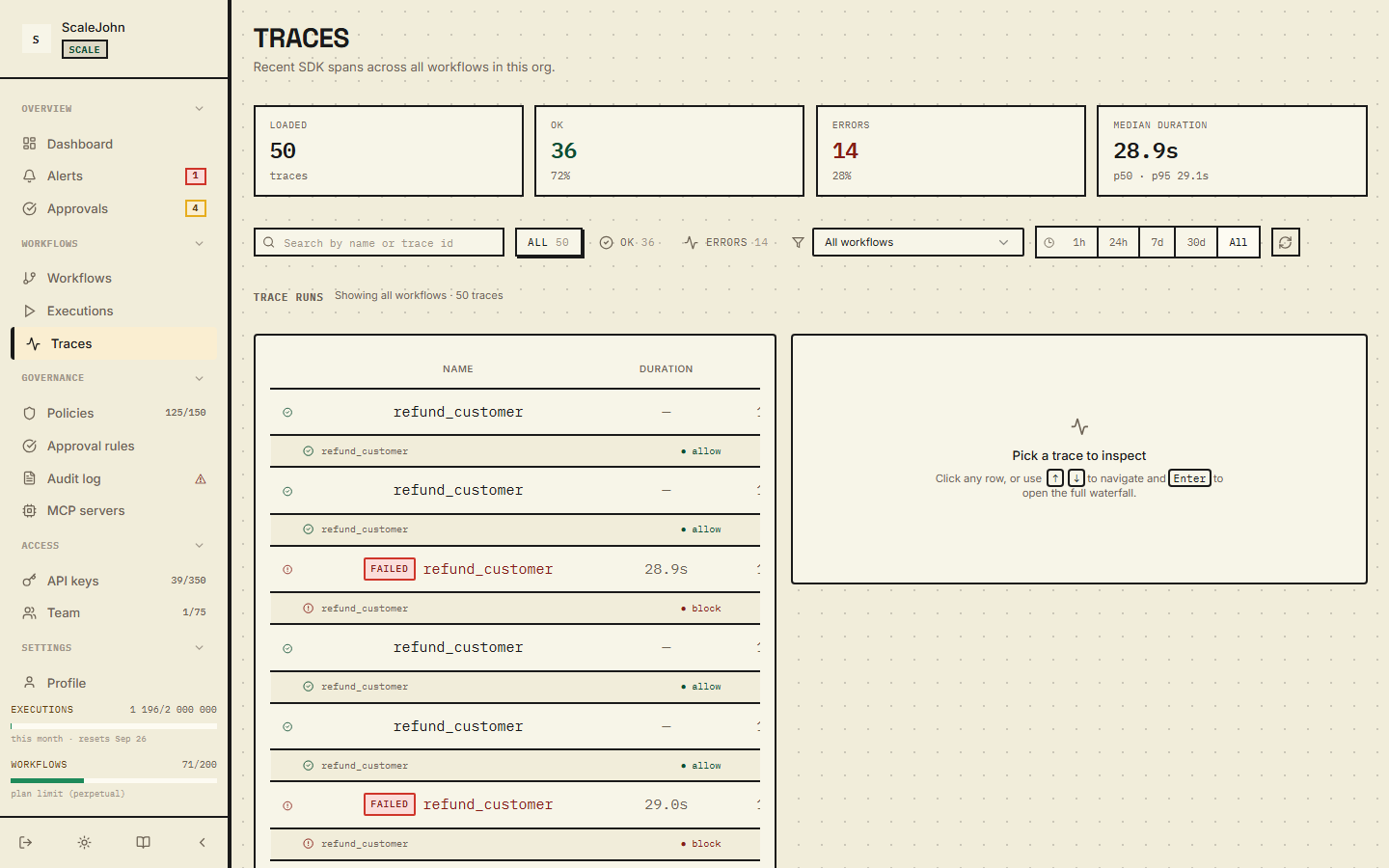 Traces page with the waterfall of LLM and tool calls for a single execution.