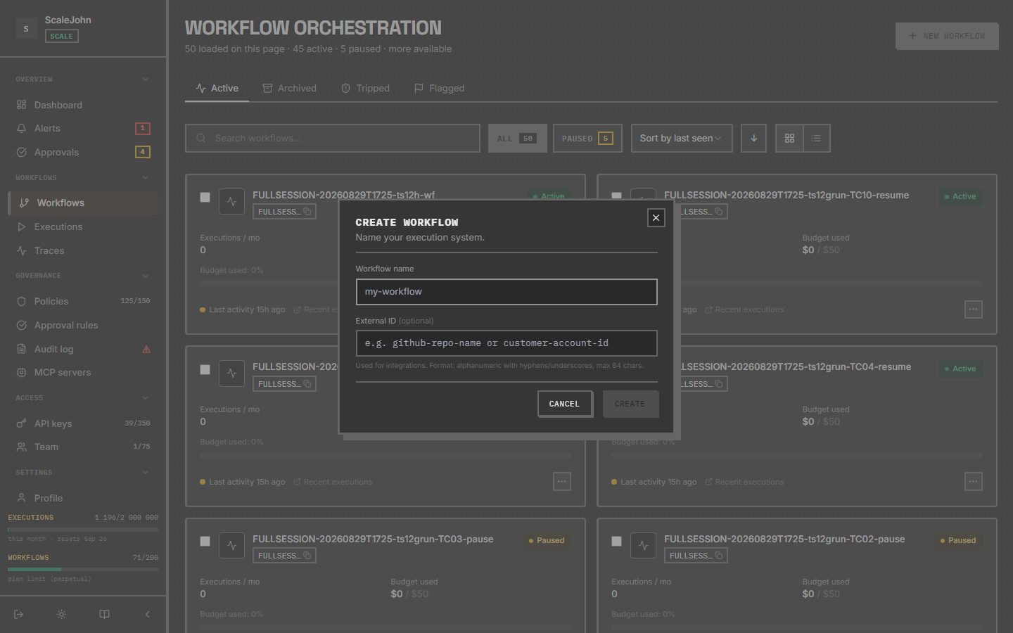 Create workflow dialog open — Workflow name field and External ID optional field.
