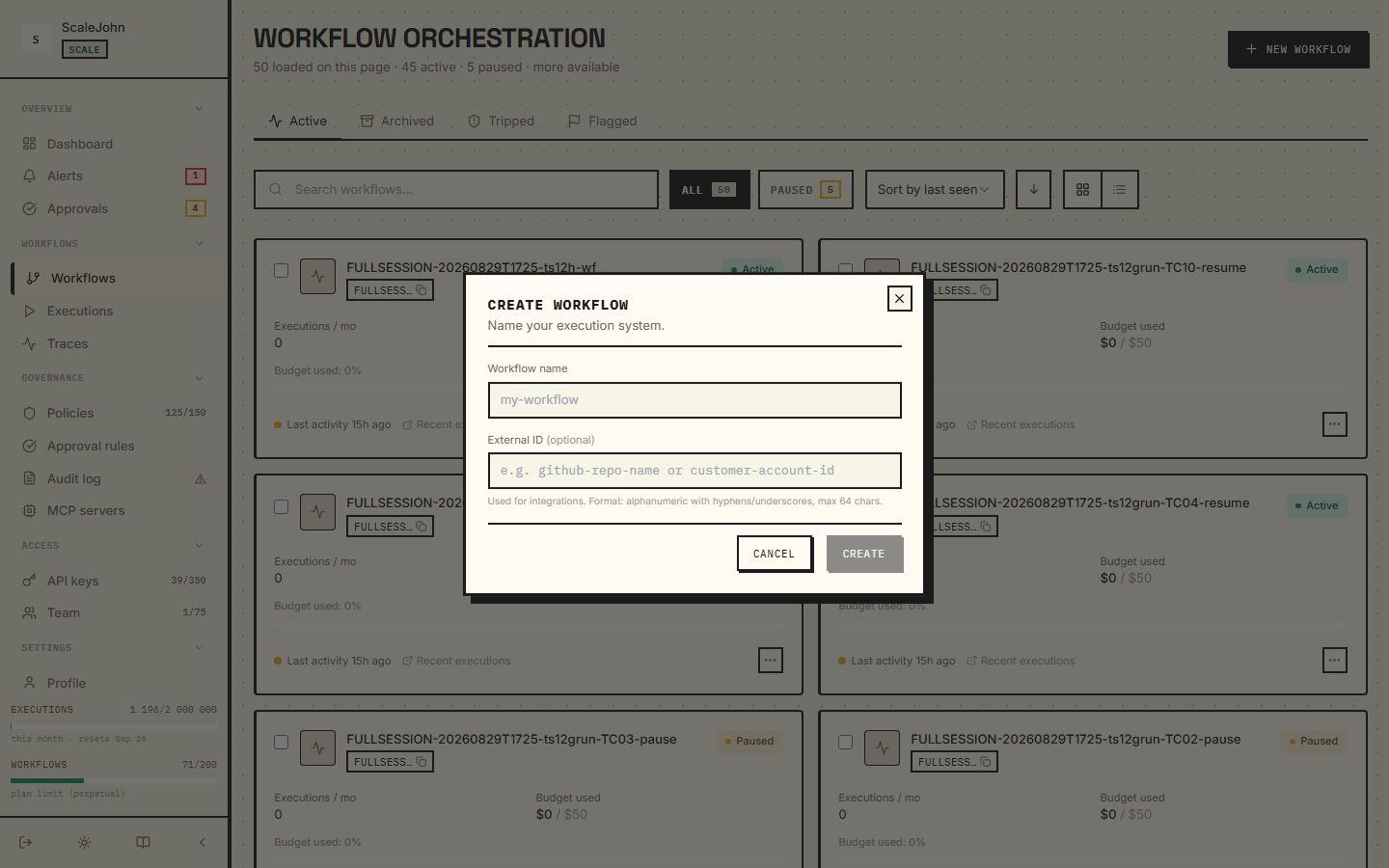 Create workflow dialog open — Workflow name field and External ID optional field.